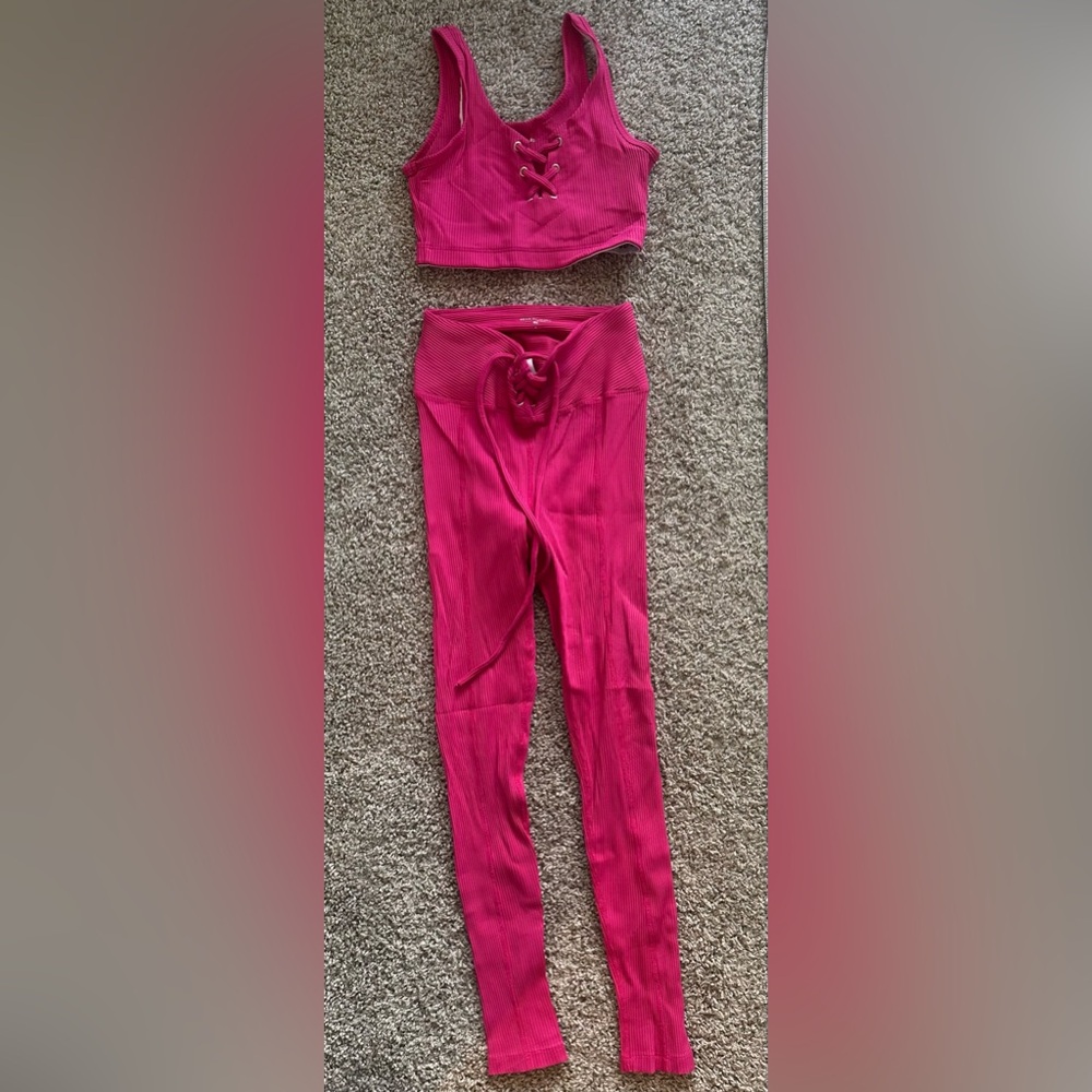 Year of Ours Pink Lace-Up Crop Top and Leggings Set